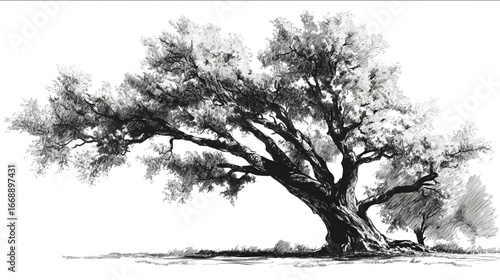 big tree in the style of hand drowing sketch White background.