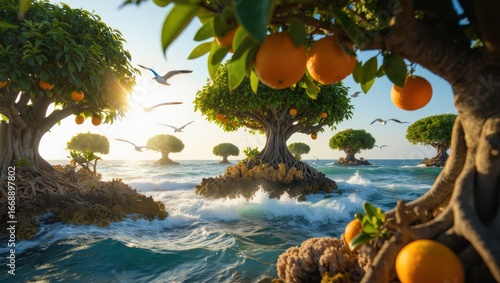 Tropical Citrus Island Paradise with Sunlit Orange Trees, Ultra-Realistic Ocean Photography