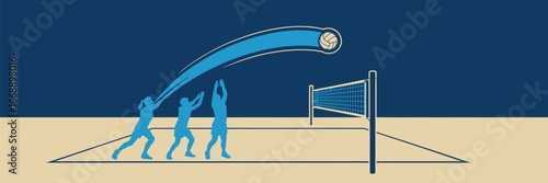 Three volleyball players spiking the ball over the net on a court with a dark blue and tan color scheme