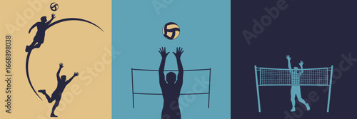 Three volleyball scenes depicting players serving, spiking, and playing at the net on different backgrounds