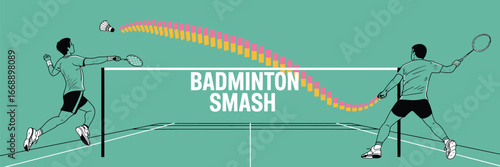 Two badminton players in action with a shuttlecock flying over the net on a green background court view