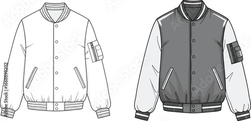 Bomber jacket cad sketch, flat vector fashion drawing, technical apparel illustration, ribbed cuffs, zip sleeve pocket, front button closure