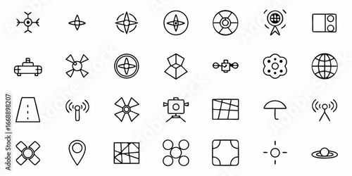 Discover endless possibilities with this modern collection of navigation, technology, and travel icons, perfect for apps, websites, and presentations, inspiring exploration and connectivity.