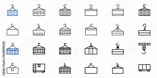 Modern icons showcase diverse shipping containers and cargo handling equipment, perfect for logistics, trade, and global transport visuals.