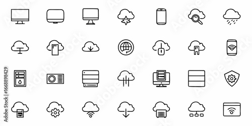 Dynamic cloud computing icons and technology symbols representing data storage, internet connectivity, security, and digital operations for modern business and tech concepts.