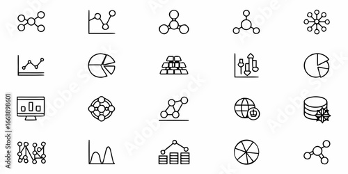 Data visualization icons showing charts, graphs, and financial data analysis, perfect for business reports and presentations