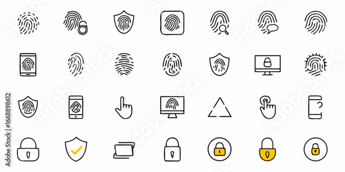 Digital security icons and symbols representing fingerprint authentication, data protection, and secure access for modern business solutions