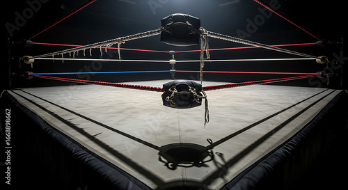 Dramatic low angle shot of a boxing ring, spotlight shining, ready for fierce competition