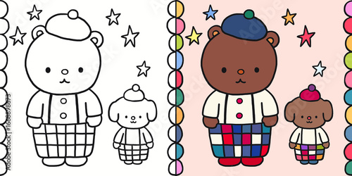 Cute bear and dog coloring page with hats and patchwork pants – kawaii animal illustration. coloring page and colored example for kid. 