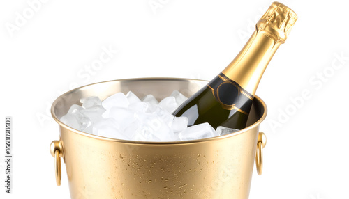 Bottle of champagne chilling in a golden bucket filled with ice cubes.