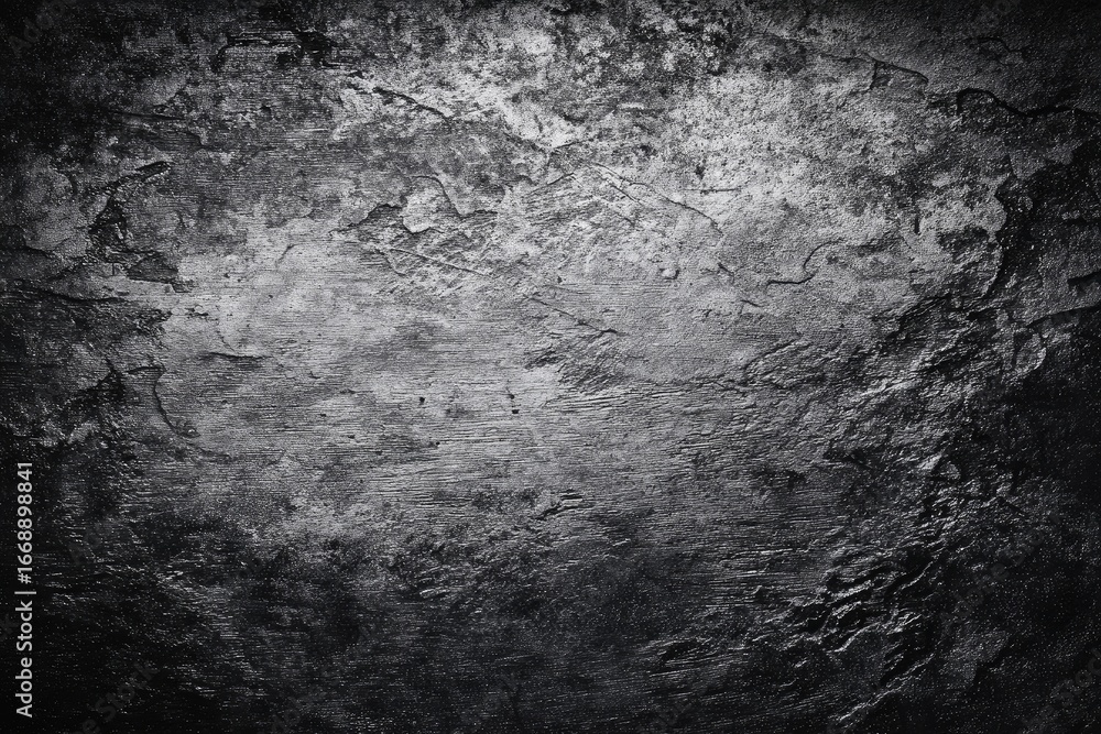 Fototapeta premium Dark, textured grayscale image resembling rough, aged stone or rock; uneven surface with subtle light variations, creating a dramatic, shadowy effect