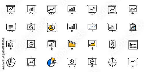 Dynamic business presentation icons showcasing data analysis, charts, and graphs for insightful reports and presentations, perfect for commercial use