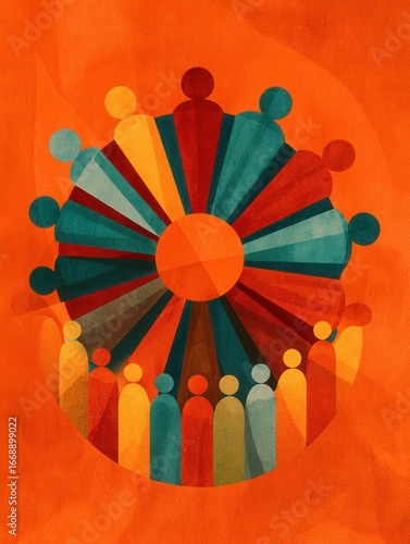 People in Circle with Colorful Elements and Shapes