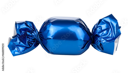 Shiny blue wrapped candy with metallic foil, isolated on white background.