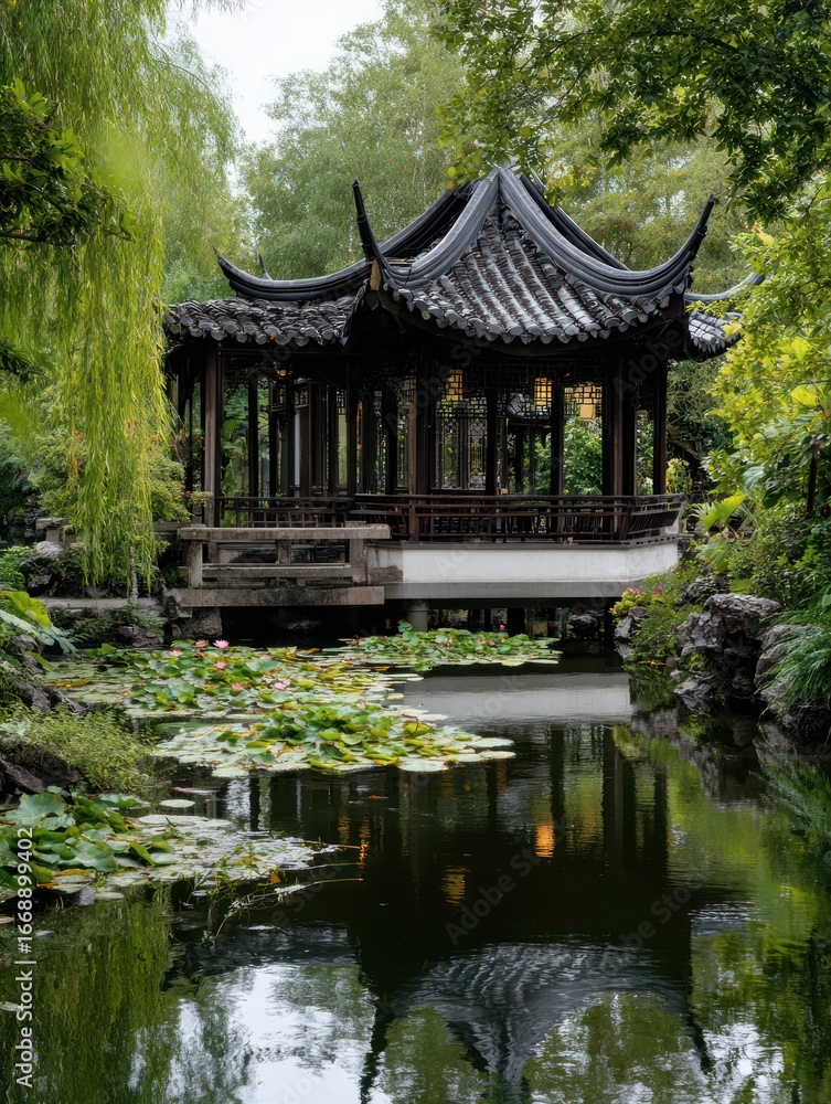 Peaceful Asian garden pavilion by water
