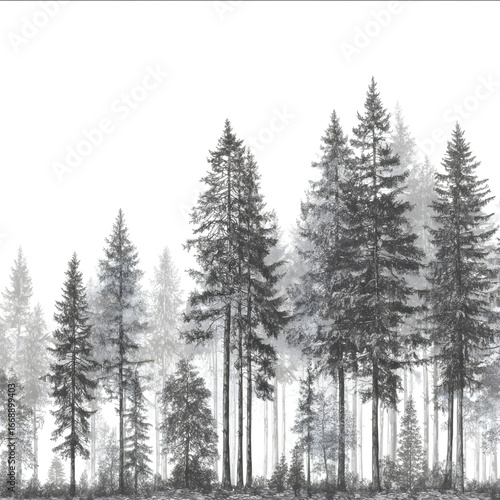 greyscale image of a fine line illustration of tall forest trees white background.