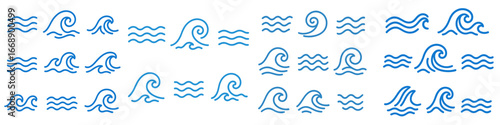 Stylized blue ocean waves and water ripples collection