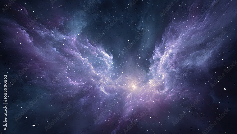 Fototapeta premium A vibrant nebula, purple and blue hues, emanating from a central light source, scattered stars in the dark cosmic background