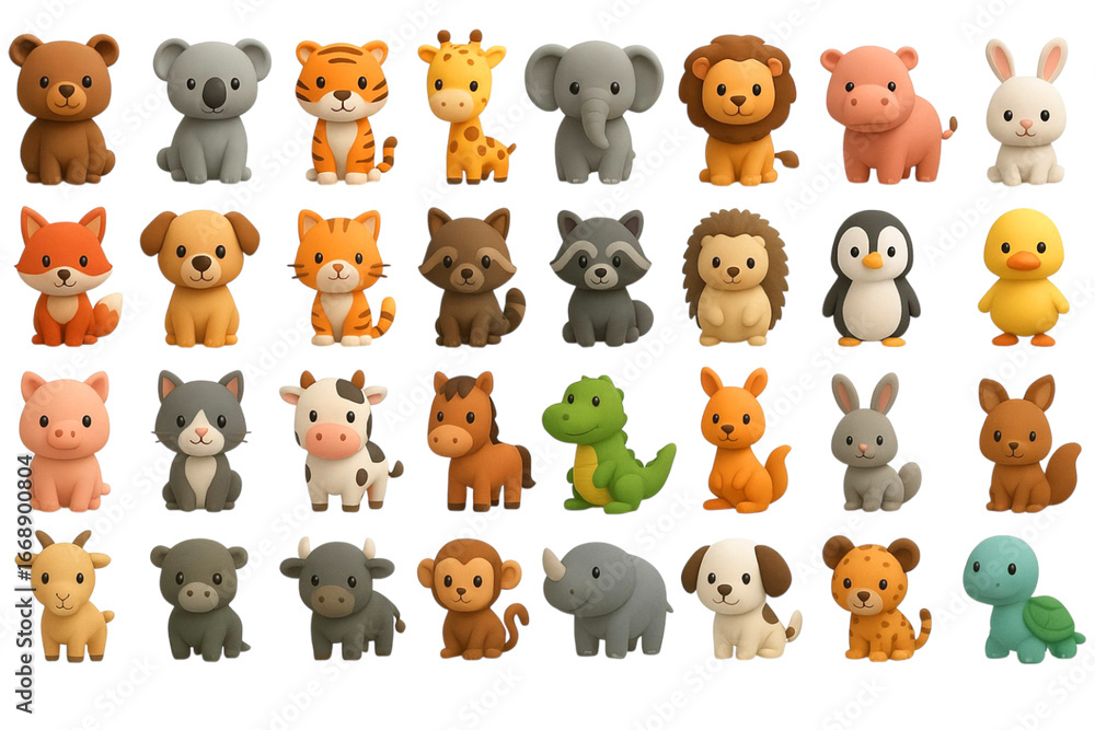Obraz premium Adorable 3d cartoon collection of various animals including bear, tiger, giraffe, elephant, lion, fox, dog, cat, raccoon, hedgehog, penguin, duck, pig, cow, horse, dinosaur, kangaroo, rabbit, monkey, 