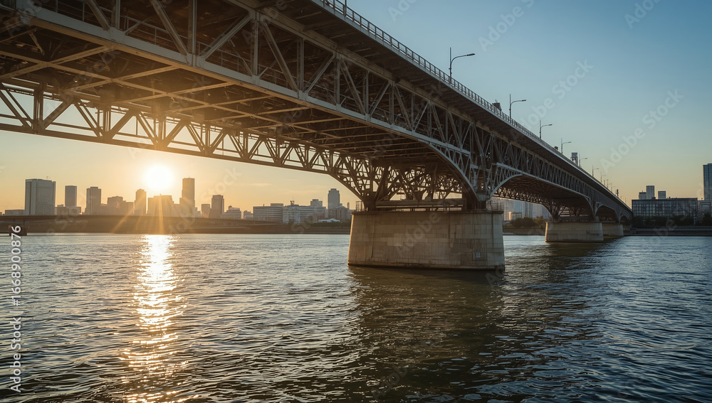 Naklejka premium Arch Bridge Spanning a River at Sunset with City Skyline and Sun Flare, Emphasizing Urban Infrastructure, Travel, and Golden Hour Beauty