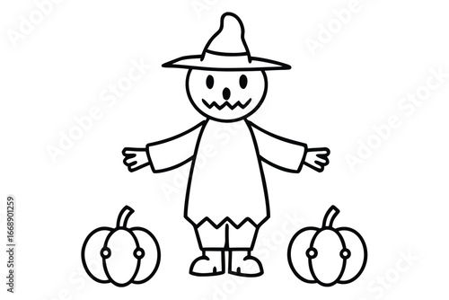 Simple black and white illustration of a scarecrow with pumpkins for Halloween
