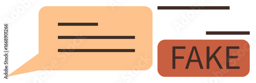 Speech bubble with text lines beside a bold FAKE tag highlights disinformation themes. Ideal for media, communication, misinformation, digital literacy, fact-checking, fake news, critical thinking