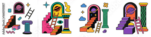 Abstract geometric shapes with planets and stairs