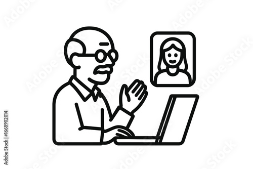 Elderly man video calling young woman on laptop