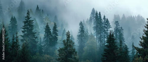 Misty mountain forest of tall, dark evergreen trees shrouded in a thick, ethereal fog