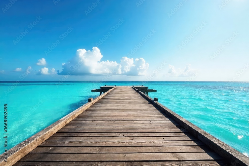 Fototapeta premium Rustic wooden pier extending into calm, blue ocean water under a bright, sunny sky Perfect for travel, vacation, or nautical themed projects , boats, harbor