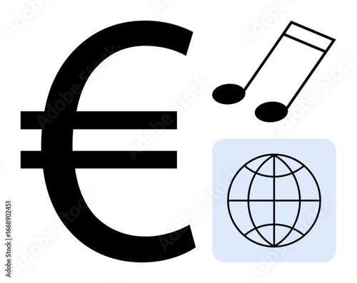 Euro symbol, globe, and music notes merge to convey culture, economy, globalization, and creativity. Ideal for themes thumbs up finance, art trade media travel communication. Simple flat metaphor