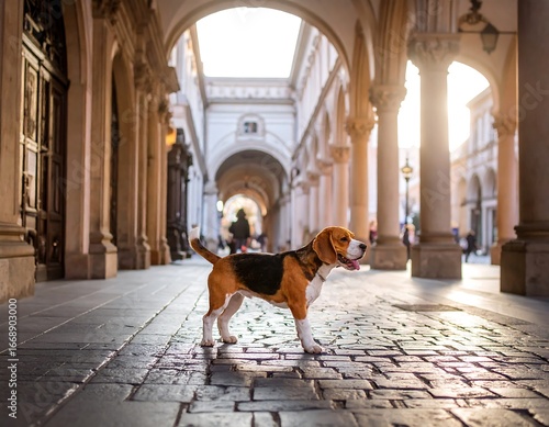 Fototapeta Naklejka Na Ścianę i Meble -  Beagle dog in an arched European city street