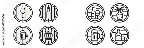 Alcoholic Drinks and Barrels Icons Set, Minimalist flat design