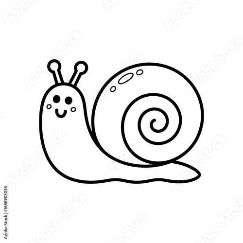 Cute cartoon black and white snail with smiling face and antennae illustration