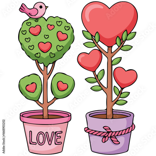 Figured tree shape heart topiary potted garden decoration isolated vector illustration on white background