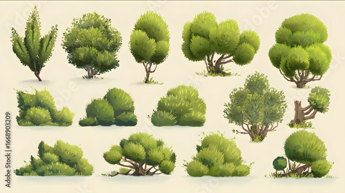 2D lushious bushes and trees stylized assets sheet.
