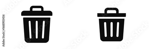 Black Trash Can Icons, Minimalist flat design, isolated on white