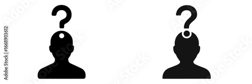 Person silhouette with question mark overhead, Minimalist flat design