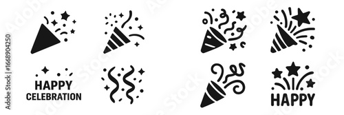 Party Poppers and Confetti Symbols, Minimalist flat design