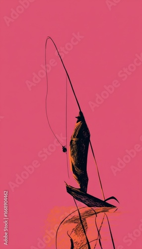 Abstract Fisherman Silhouette on Bright Pink Background