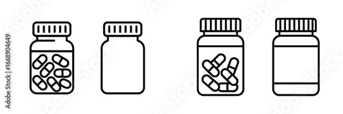 Medicine bottle with capsules and blank label, Minimalist flat design
