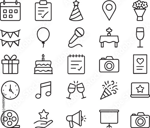 Event Planning Vector Icon Set – Outline Party, Celebration & Organizer Symbols