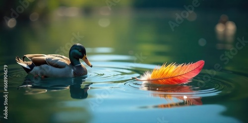 Serene pond scene with floating, colorful feathers; soft light illuminating gentle ripples Perfect for nature, tranquility, and serenity themes , pond, avian, vibrant