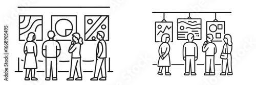 People Admiring Art in Museum, Minimalist flat design