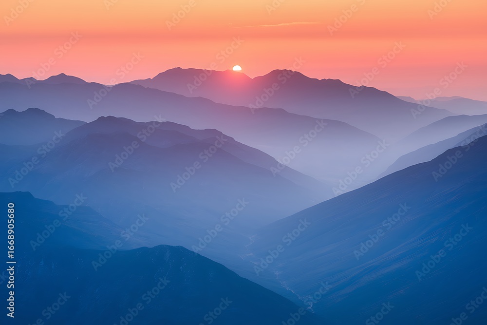 Fototapeta premium Serene Sunset Over Misty Mountain Ranges in Breathtaking Panorama