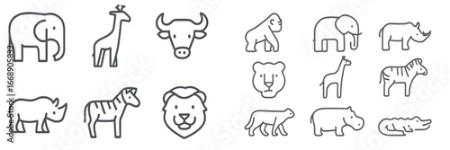 Safari Wildlife Line Art Icons, Minimalist flat design