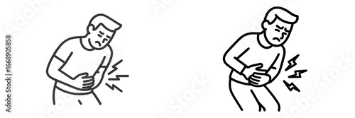 Man clutching stomach in pain with lightning bolt symbols