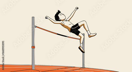 Illustration of a young athlete performing a high jump over a bar on a track field