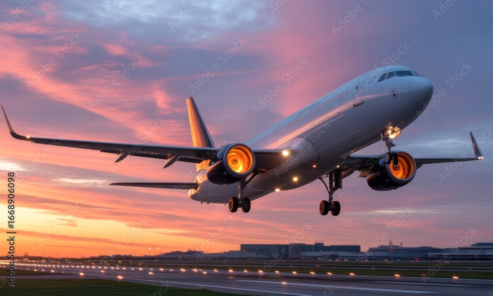 Obraz premium Jet plane landing at sunset over tarmac