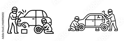 Criminals Stealing Tires and Breaking Into Car, Minimalist flat